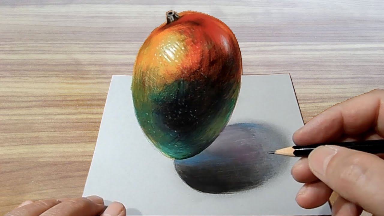 Drawing  Mango - How to Draw 3D Realistic Mango Illusion - VamosART