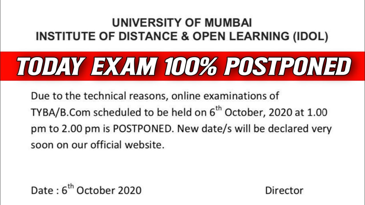 Today Exam 6 Oct 2020 POSTPONED | Today IDOL T.Y.Bcom & T.Y.B.A Exam POSTPONED | Final Exam Cancel