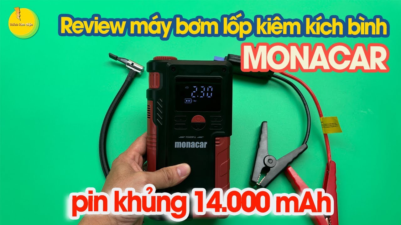 Review máy bơm lốp kiêm kích bình ô tô MONACAR pin khủng 14000 mAh