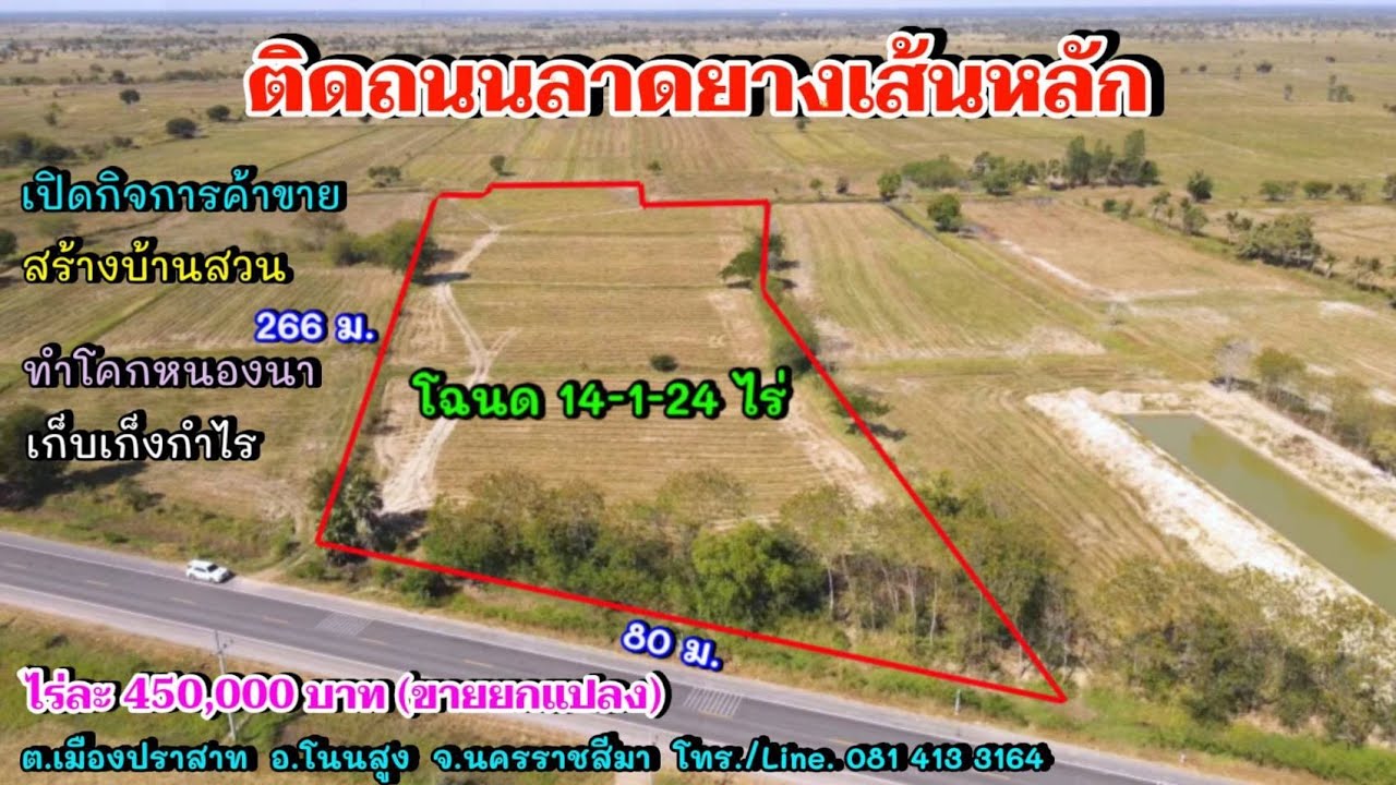 (ขายแล้ว)ติดถนนลาดยางเส้นหลัก (โนนสูง-โนนไทย) ใกล้ตัวอำเภอโนนสูง โฉนด 14 ไร่ มีเพื่อนบ้าน