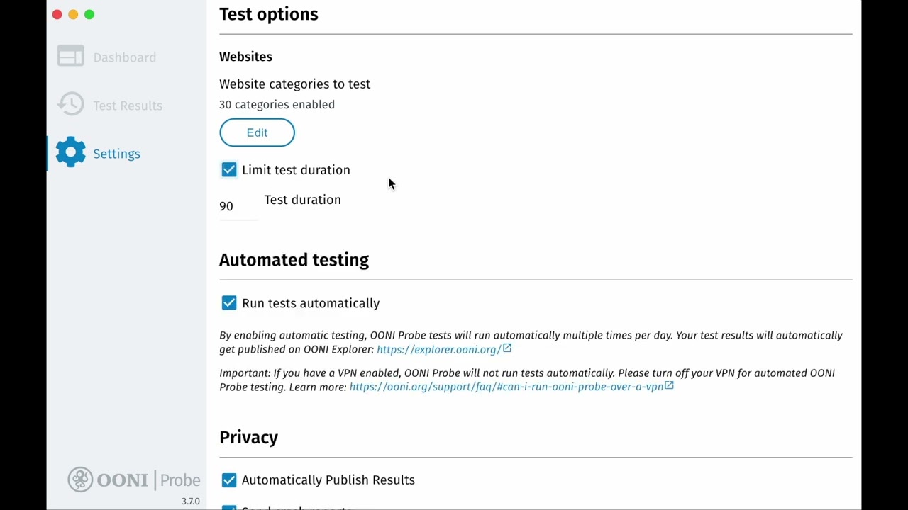 4 9 OONI Probe App Settings