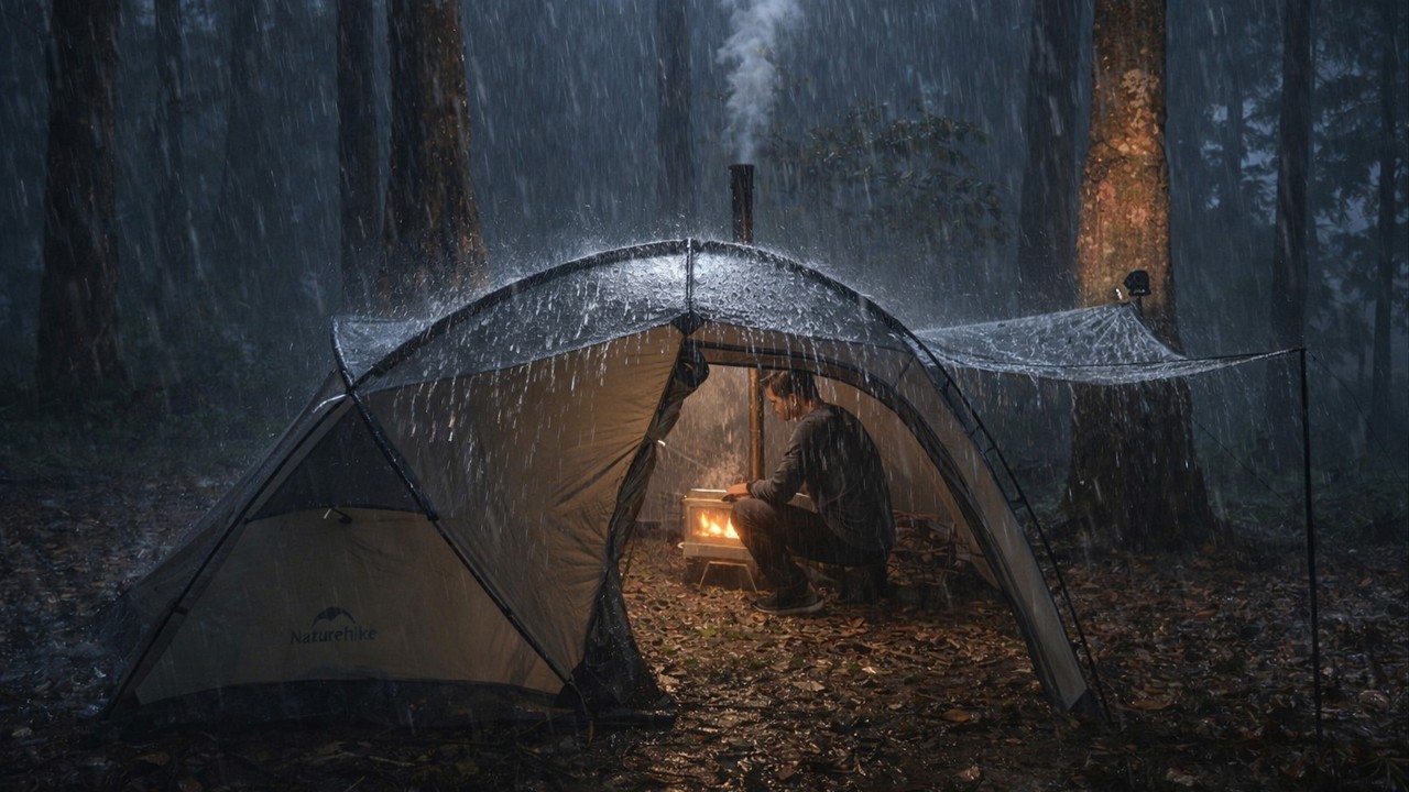 Hot Tent Rain Camping in Heavy Rain All Day! RELAXING CAMPING IN THE RAIN - ASMR
