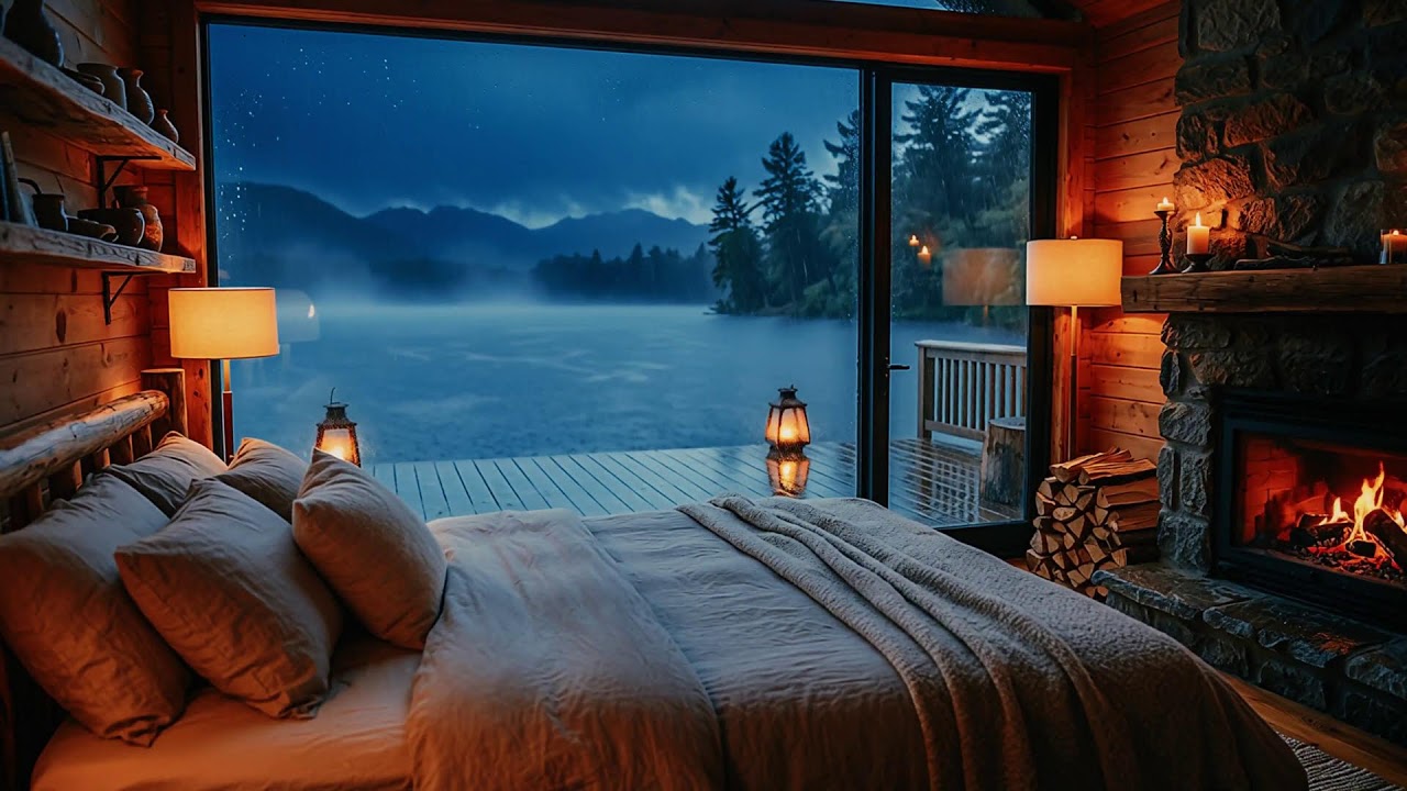 😴 12 HOURS:   Lakeside Rain & Crackling Fire   to Fall Asleep Fast  4K ASMR