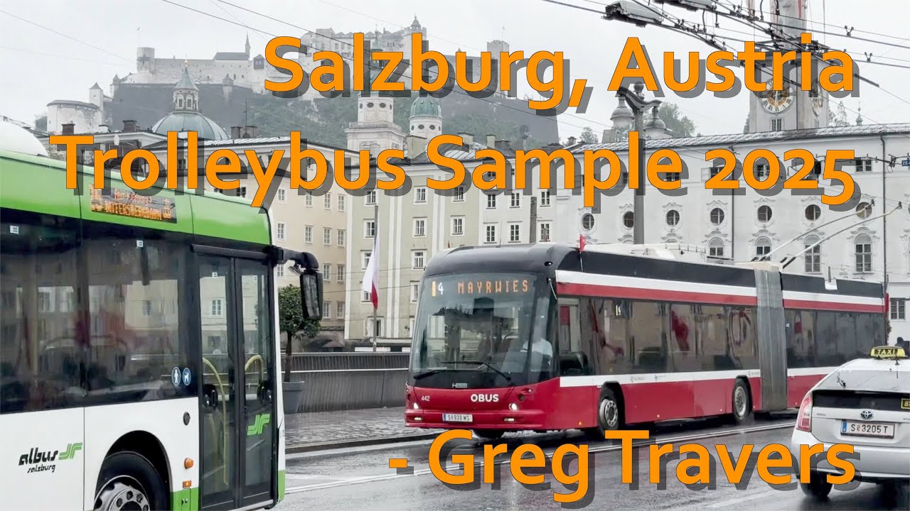 Salzburg, Austria with modern trolleybuses amongst the scenic background on 4 August, 2025.