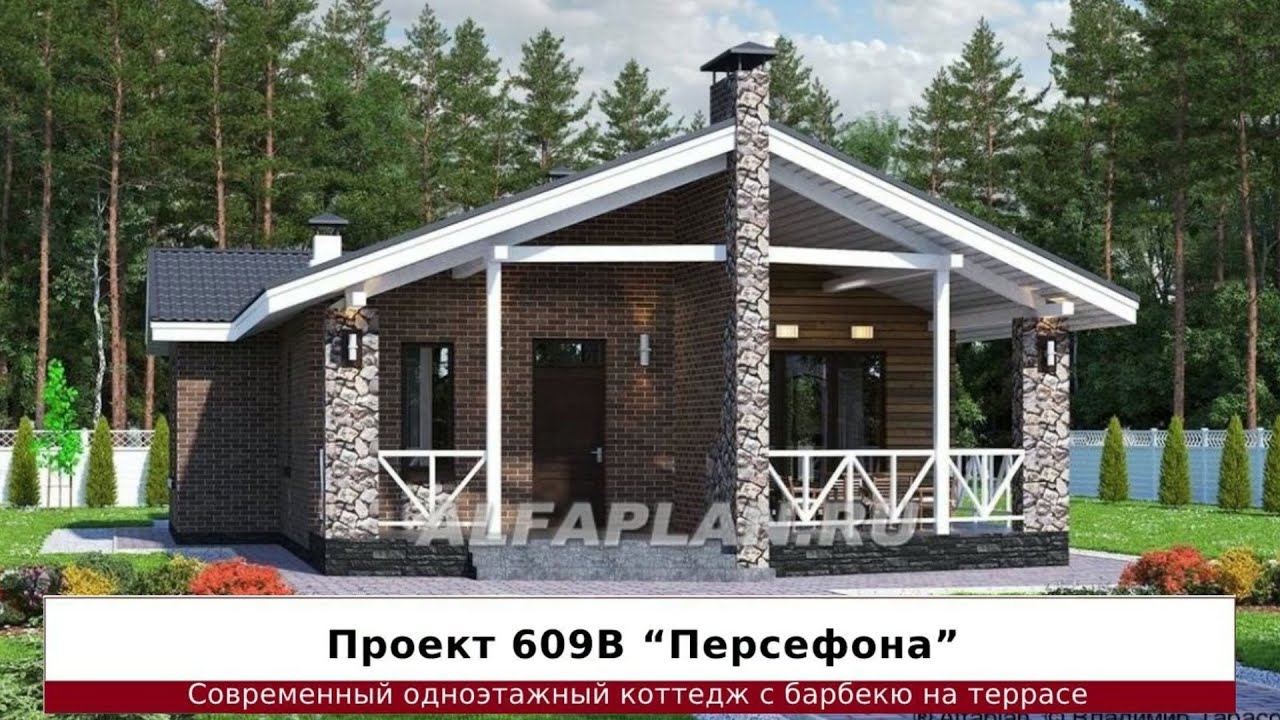 Проектное видео: одноэтажный дом с барбекю на террасе 