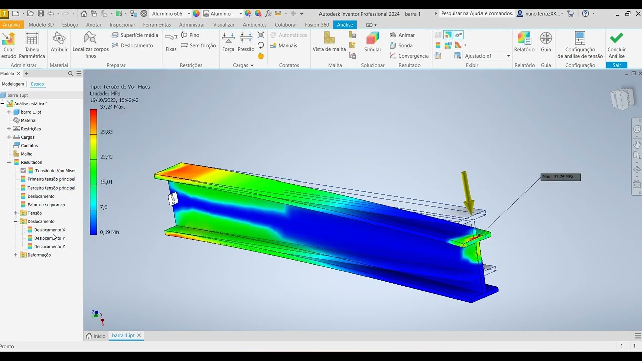 Analise de tensões - Deformação máxima com diferentes materiais no Autodesk Inventor 2024