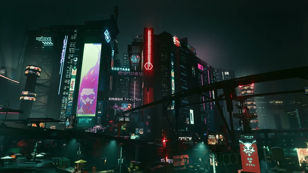 Night City Neon Skyline Ambience  Cinematic Rain City Focus & Sleep