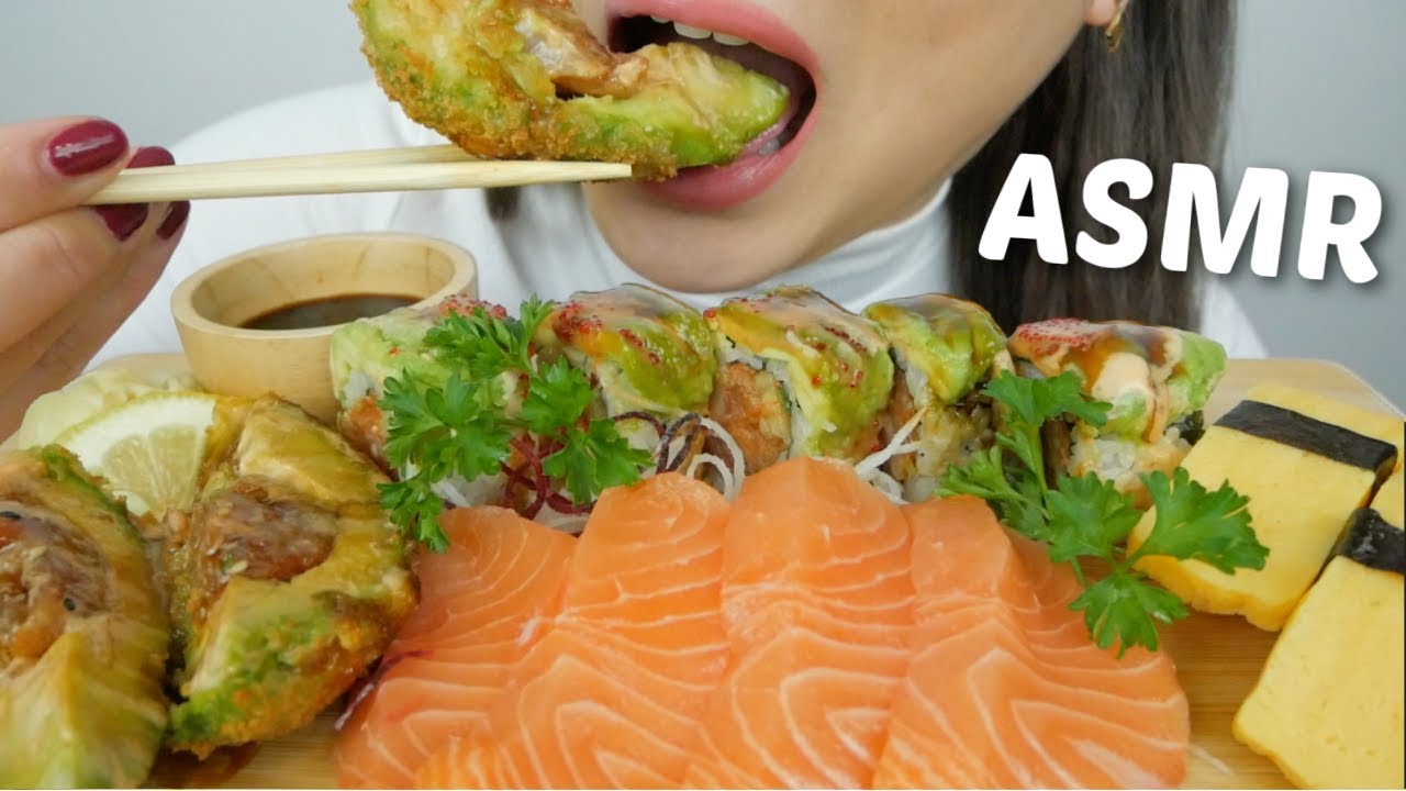 ASMR SUSHI *911 Roll, Volcano Avocado with Atlantic Salmon Sashimi No Talking Eating Sounds