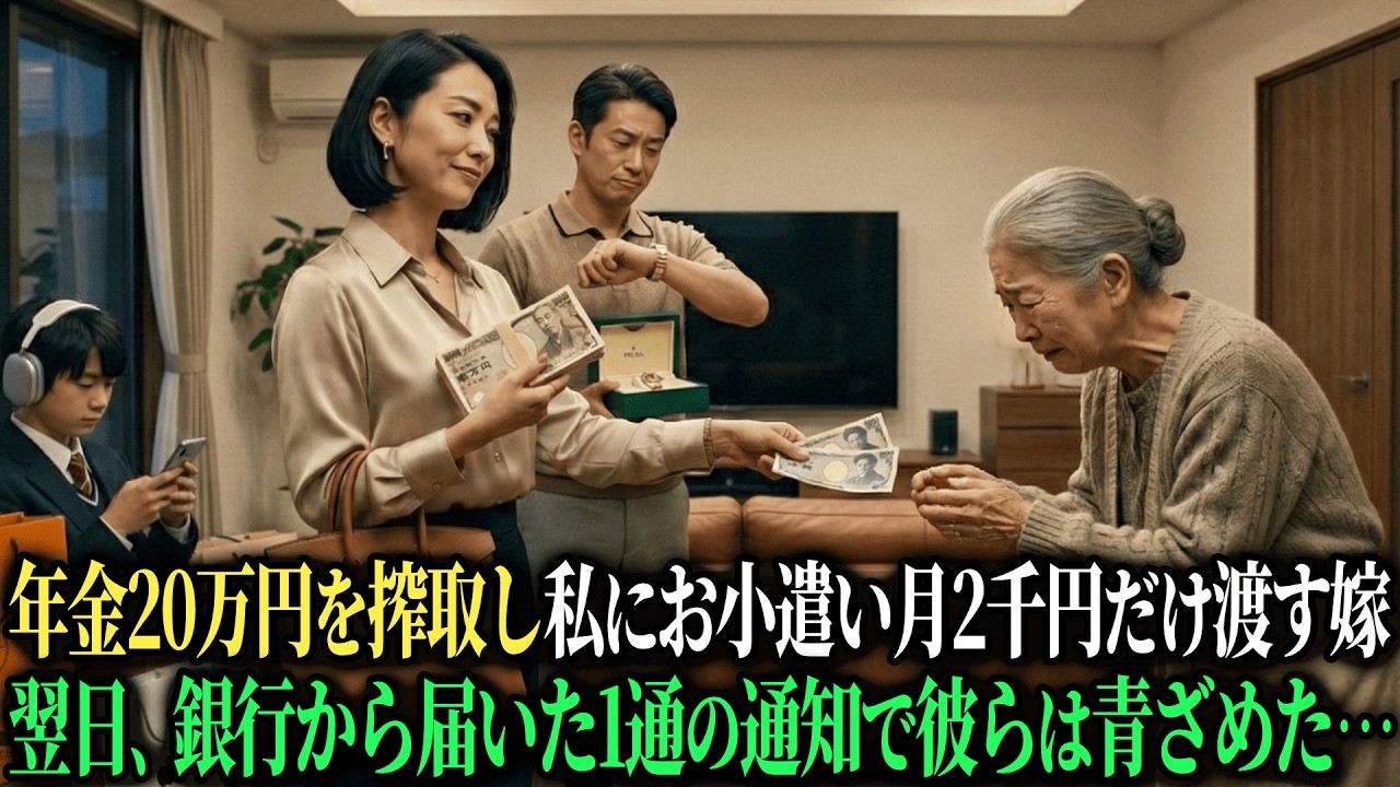 「家計は全部うちで管理するから」年金通帳を取り上げ、月20万円の年金で贅沢三昧する息子夫婦とたった2000円のお小遣いを渡される私。翌日銀行から届いた1通の通知で全員が青ざめた【シニアのスカッと朗読】