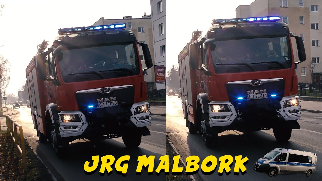 Dwa zastępy PSP JRG Malbork pędzą na sygnale do wypadku