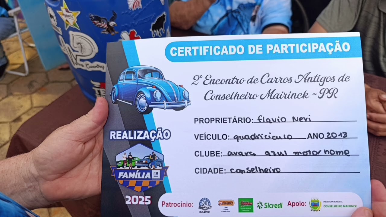 Certificado de participação de evento de carros antigos em Conselheiro Mairinck .