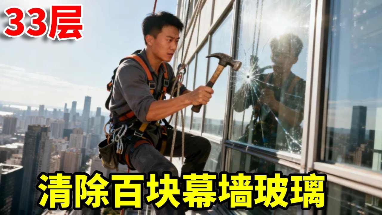 33层高空沉浸式体验，高空作业清除百块玻璃，手心都冒汗了#高空作业#蜘蛛人 #科普