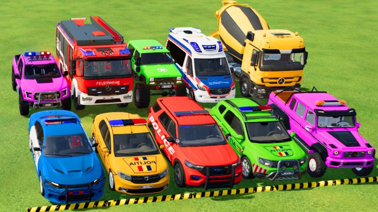 TRANSPORTING POLICE CARS, AMBULANCE, FIRE TRUCK, COLORFUL CARS WITH TRUCK -FARMING SIMULATOR 22!
