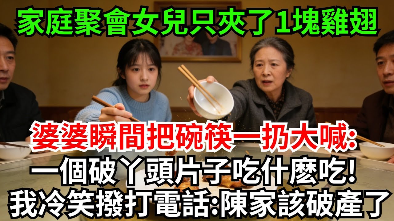 家庭聚会女儿只是夹了1块鸡翅，婆婆瞬间把碗筷一扔大喊:一个破丫头片子吃什么吃!老公直接将我和女儿关在门外反省，我冷笑拨打1个电话:爸，陈家要付出代价了!隔天婆家全都睡大街傻眼了#完結故事#情感故事