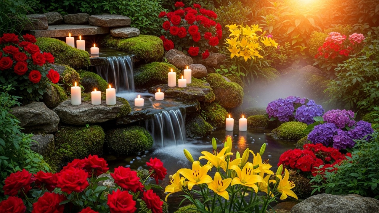 Romantic Candle Garden Waterfall 🌼 Relaxing Music for Anxiety Relief, Sleep and Deep Calm