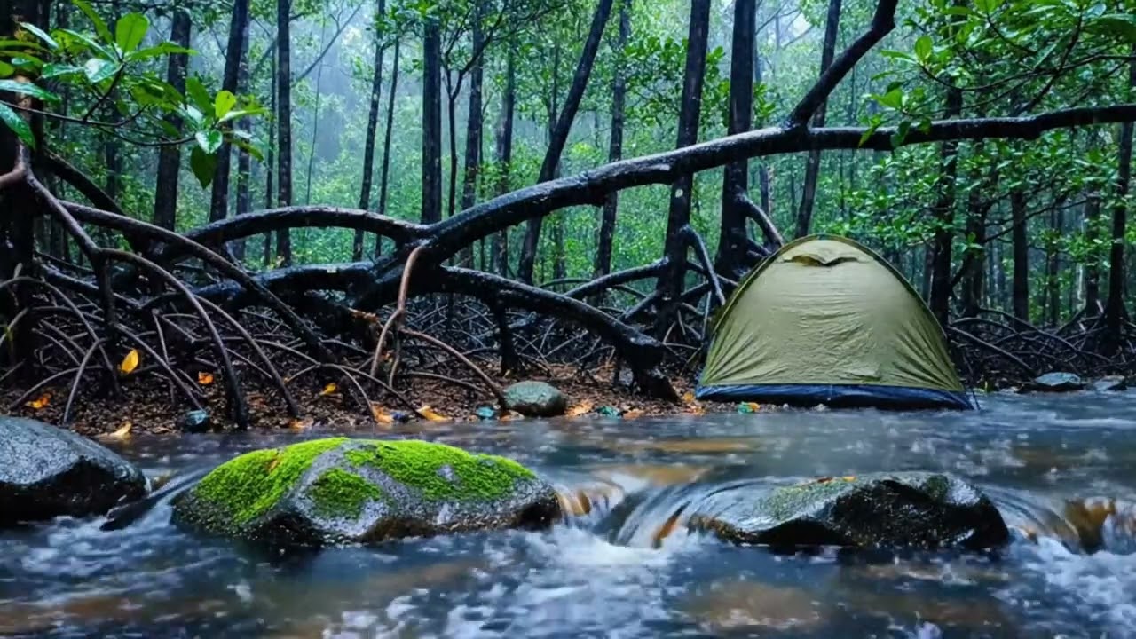Deep Forest Rain Ambience by a Flowing River Tent  10 Hours of Soothing ASMR Rain for Sleep and Focu