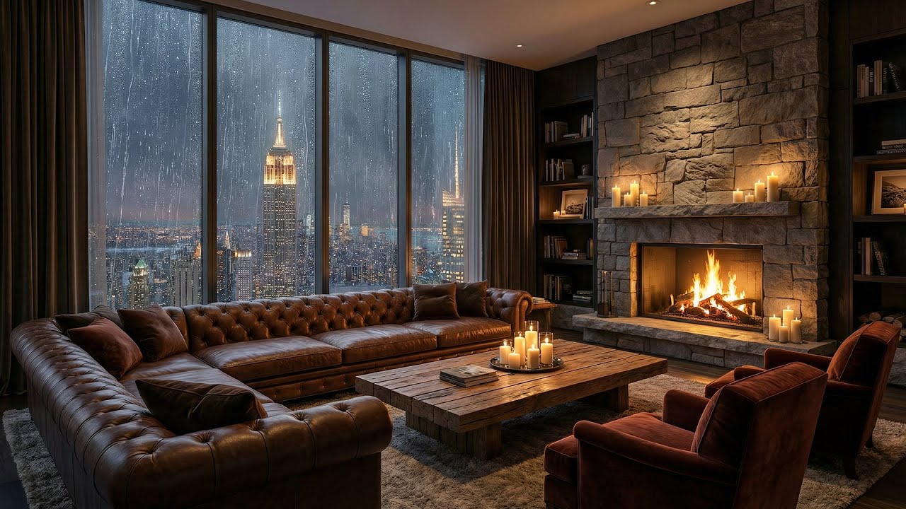 Rainy Night Jazz in New York 🌧️ Cozy Fireplace Living Room for Study, Focus & Relaxation