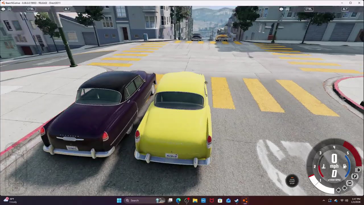 Driving all configs of the Burnside Special down a hilly road.