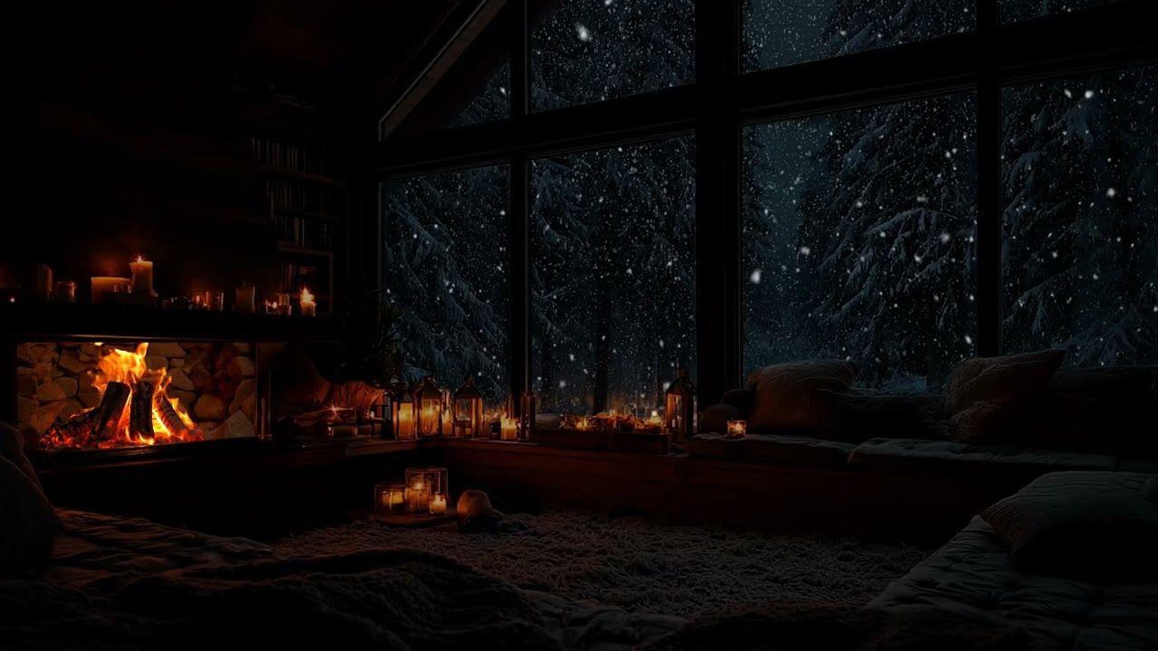 Warm Cozy Fireplace in Snowy Cabin at Night  Peaceful Ambience for Sleep & Healing