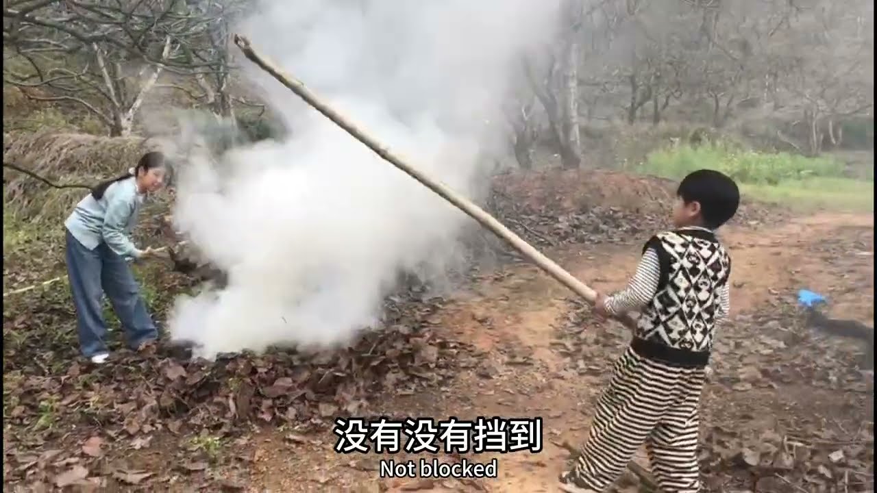 小芳去山里果园干活，2个孩子帮忙干活，看看发生了什么？果园里冒起浓浓烟雾