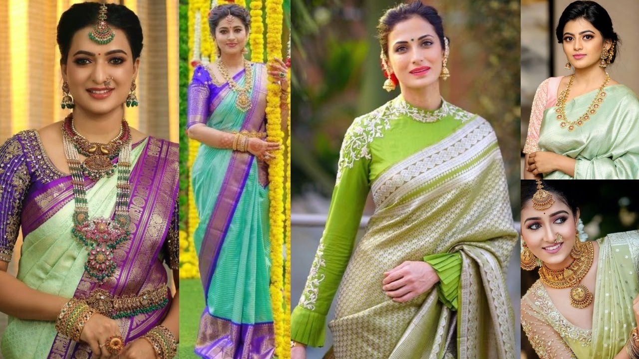 Latest PISTA GREEN sarees with contrast blouse ideas for a elegant look, New look Pista green saree