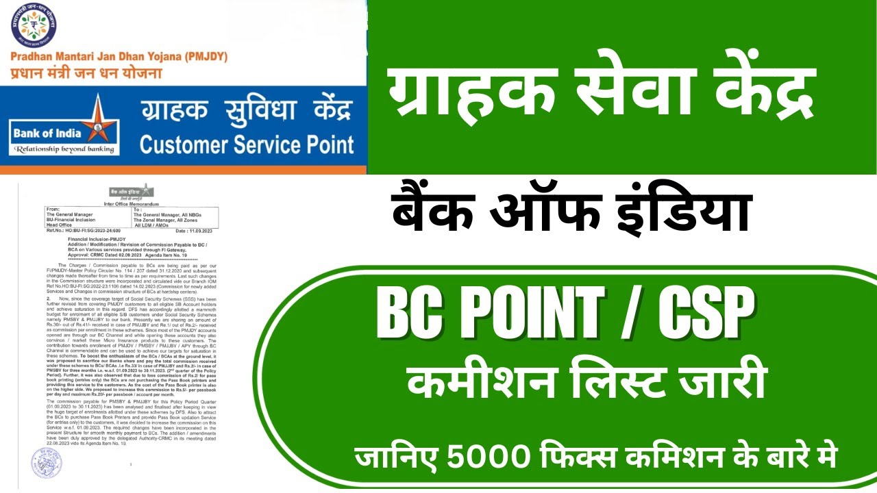 BOI CSP Commission Chart 2025 New Update | bank of india CSP Commission list | BOI BC Commission