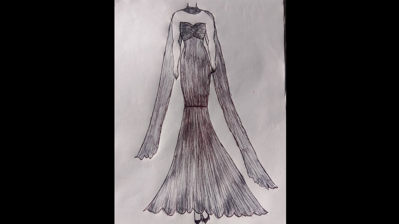Elegant evening gown dress sketch design step by step watch full sketch video 