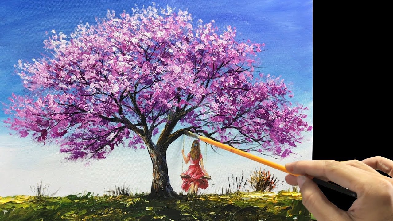 Cherry blossom palette knife painting on canvas by acrylic paints