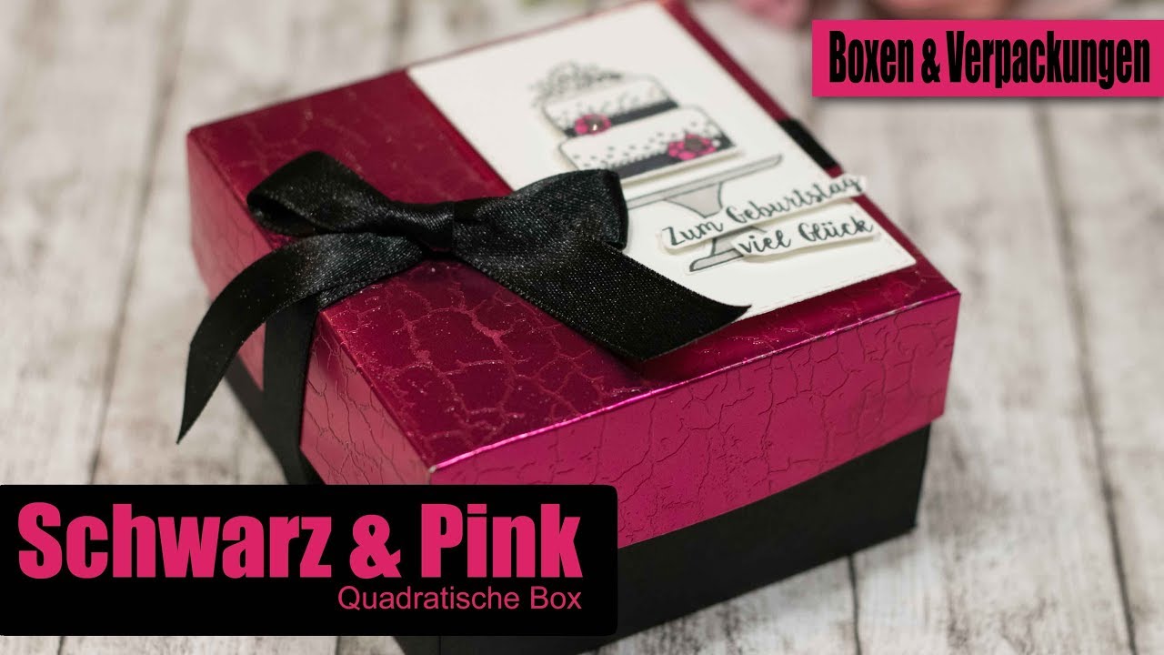 Quadratische Box in Schwarz & Pink | Kuchen ist die Antwort | Embossing auf Metallic-Folienpapier