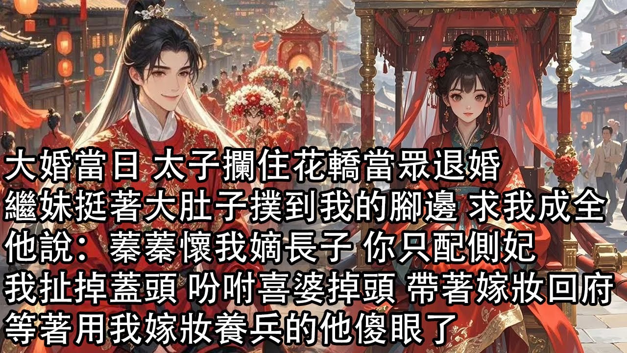 【一口氣看完】大婚當日 太子攔住花轎當眾退婚，繼妹挺著大肚子撲到我的腳邊 求我成全，他說：蓁蓁懷我嫡長子 你只配側妃，我扯掉蓋頭 吩咐喜婆掉頭 帶著嫁妝回府，等著用我嫁妝養兵的他傻眼了