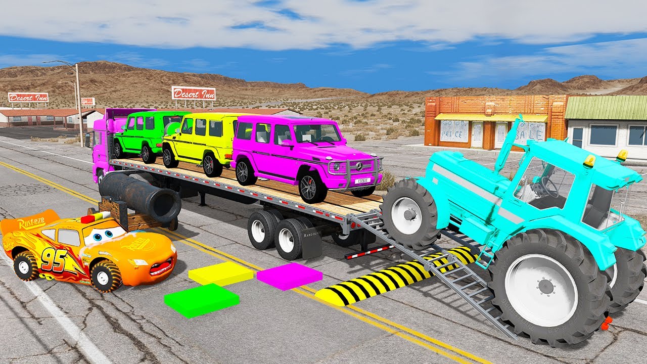 Flatbed Trailer McQueen Cars Transportation with Truck, Truck vs Train #15 - BeamNG Drive