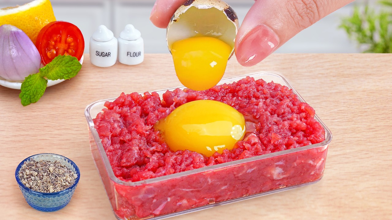 Satisfying Food Videos 🥩 Miniature Japanese Cooking Grilled Beef with Egg 🍳 Sunny Tiny Food