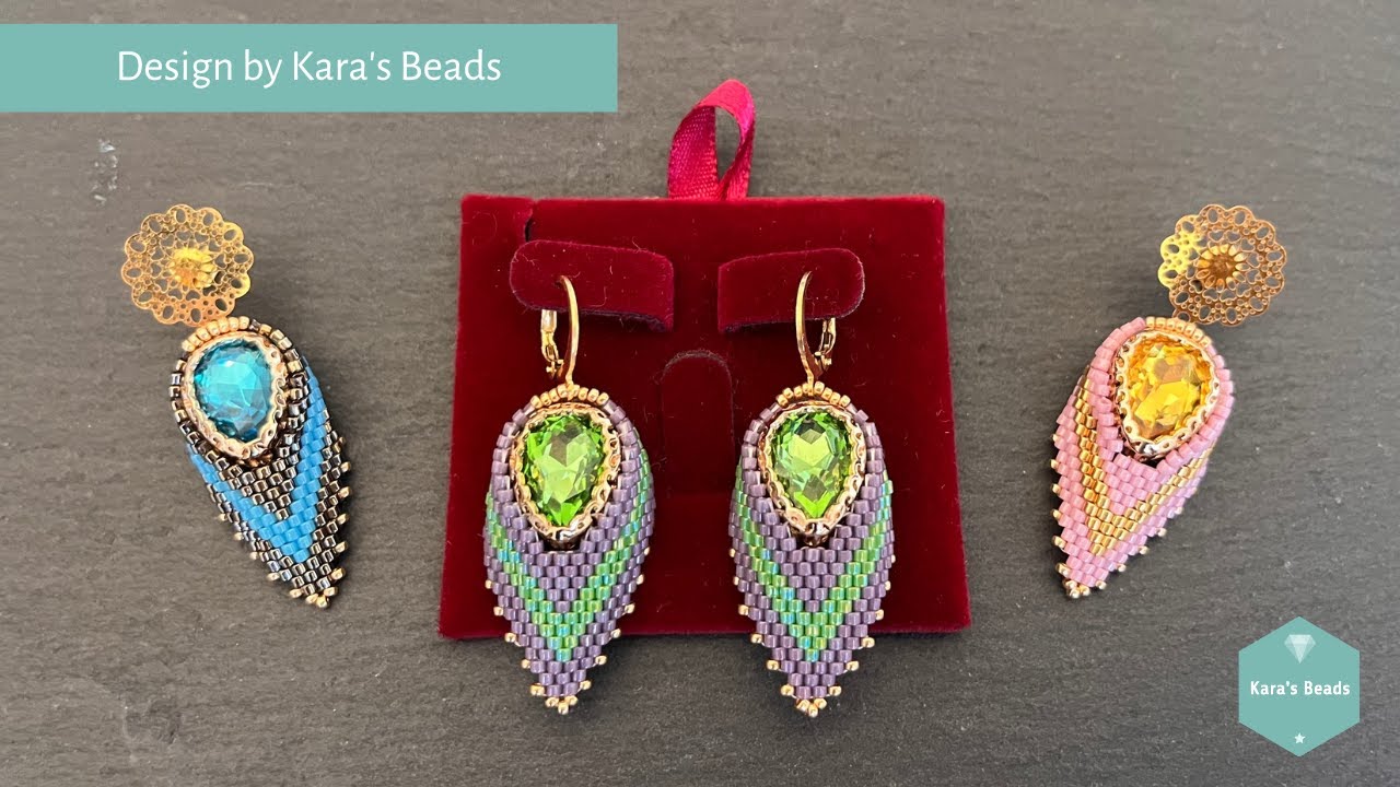 Russian Leaf with Drop Crystals Earrings Tutorial | Peyote Miyuki Delica Teardrop Cabochon