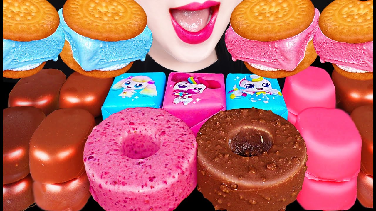 ASMR LEFTOVER ICE CREAM DONUT 핑크 블루 아이스크림 MUKBANG, EATING