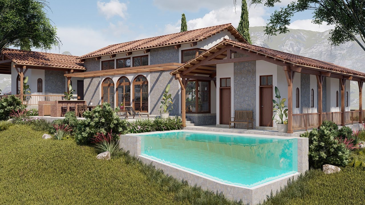 Diseño de casa grande 19 x 27 metros para el campo al estilo colonial con terraza parrilla y piscina