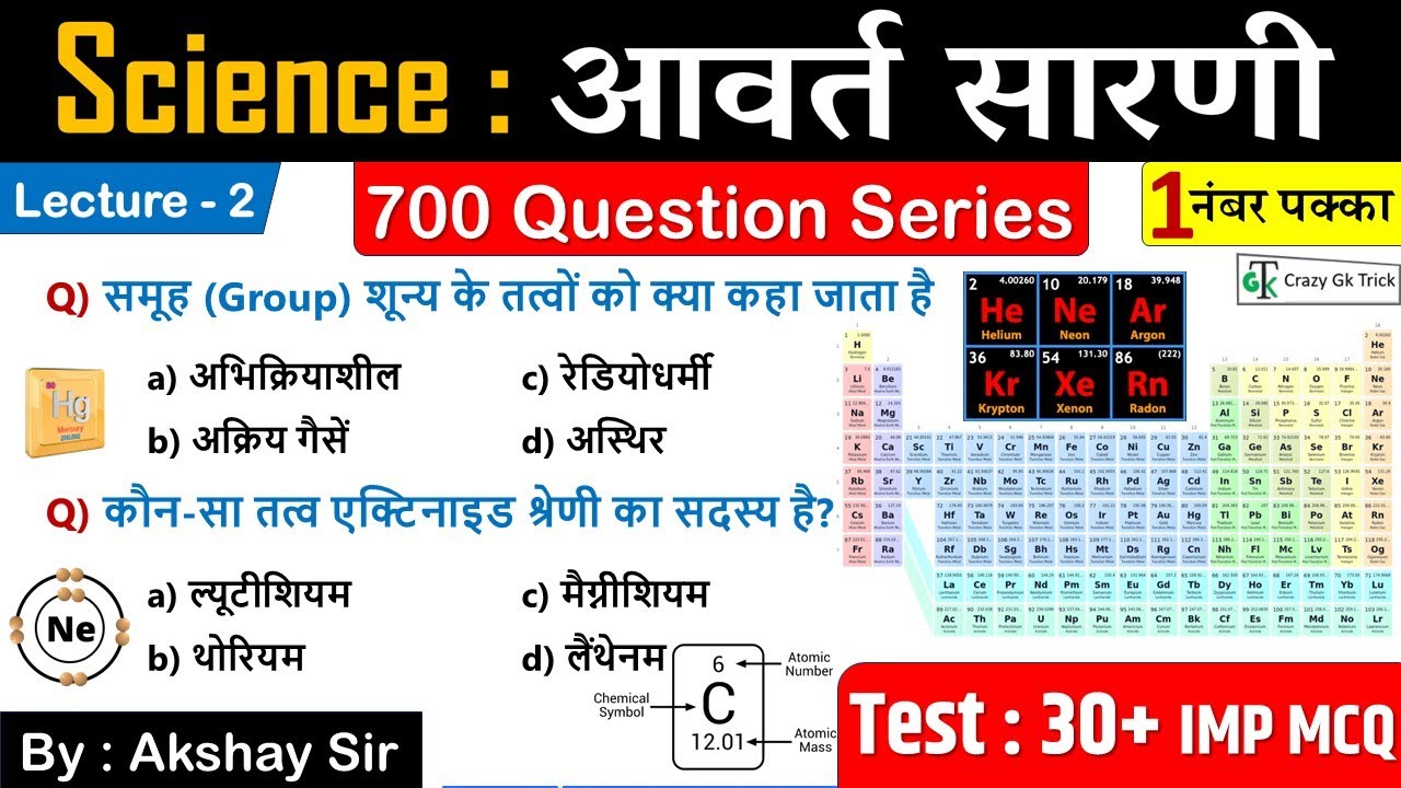 Science Gk: Periodic Table (आवर्त सारणी) | Science Imp Question | Science 700 MCQ Series- Akshay Sir