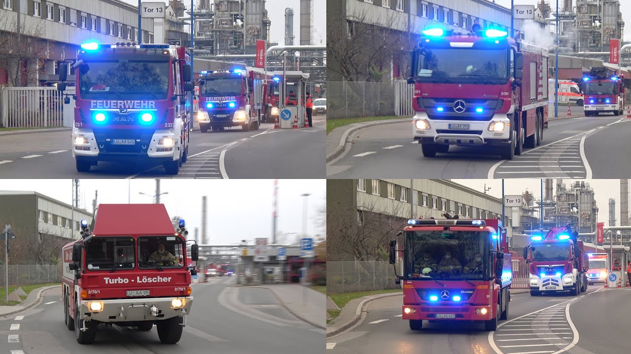 Zehn Fahrzeuge der Werkfeuerwehr BASF Ludwigshafen - Feuer- und Rettungswache Nord [Vollalarm]