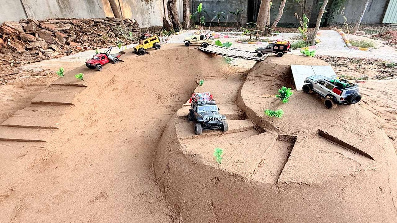 RC Cars Off Road On The Sand Mountains Hill And Crossing Mini Bridges So fantastic