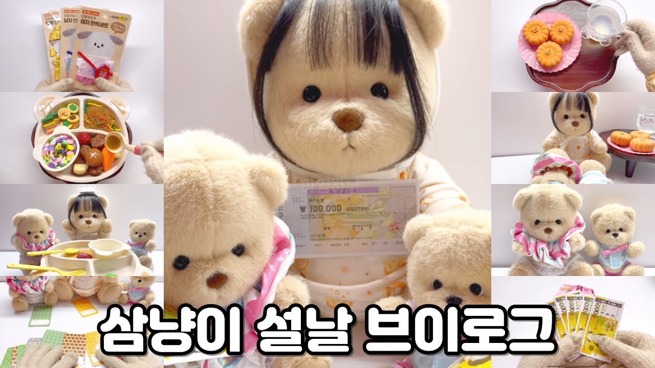 다이소 설날 아이템으로 즐기는 삼냥이 설날 브이로그 🧸🎥🫧 #인형계 #인형브이로그 #레나베어