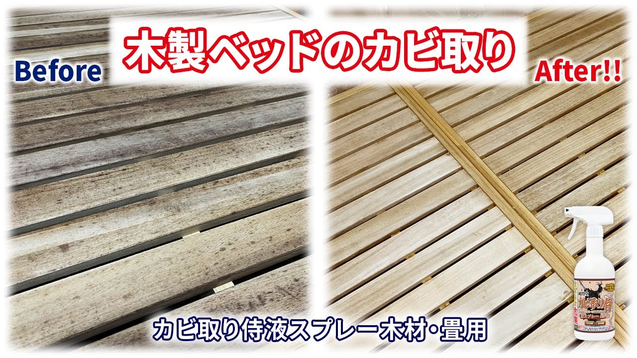 木材のカビ取り方法！木製のベッドフレーム編／プロのカビ取り業者がカビ取り侍液スプレーソフトタイプで家具の黒カビを除去・消臭／クーポン情報は概要欄
