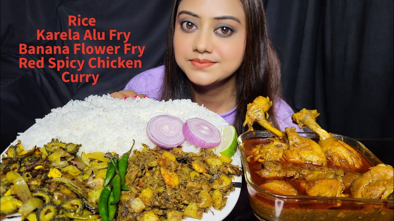 ASMR EATING Rice, karela Alu Fry, Banana flower & Prawn 🍤, Spicy Chicken Curry | Mukbang | Big Bites