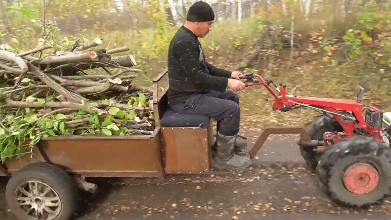 Чистим новый участок от деревьев.Мотоблок МТЗ на шинах ГРУБЕРГ с возом веток по бездорожью.