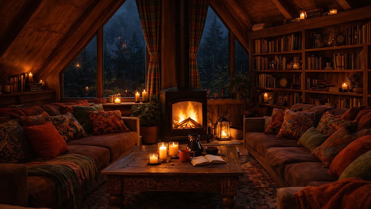 Cozy Cabin During a Thunderstorm Rain Fireplace Sounds