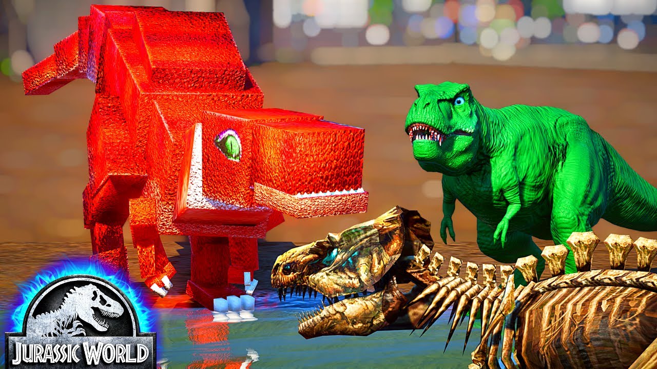 Fossil Tyrannosaurus Rex vs Minecraft T-Rex, JWE T-Rex Jurassic World Evolution Mods Dinosaurs Fight