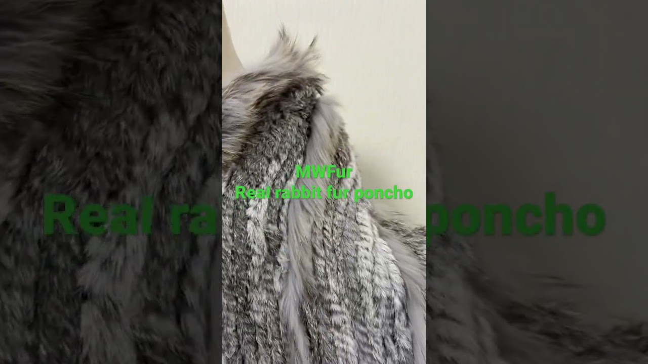 Mwfur Fashion real rabbit fur poncho with real raccoon fur natural gray color for fashion lady
