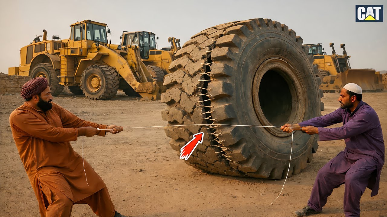Unbelievable Caterpillar Tire Repair 😱 | Blasted Giant CAT Tire Stitched by Master Mechanic