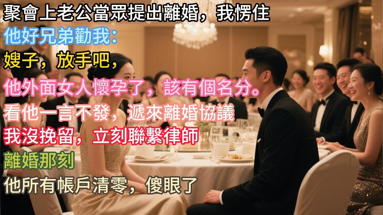 聚會上老公當眾提出離婚，我愣住。他好兄弟勸我：「嫂子，放手吧，他外面女人懷孕了，該有個名分。」看他一言不發，遞來離婚協議。我沒挽留，立刻聯繫律師。離婚那刻，他所有帳戶清零，傻眼了。