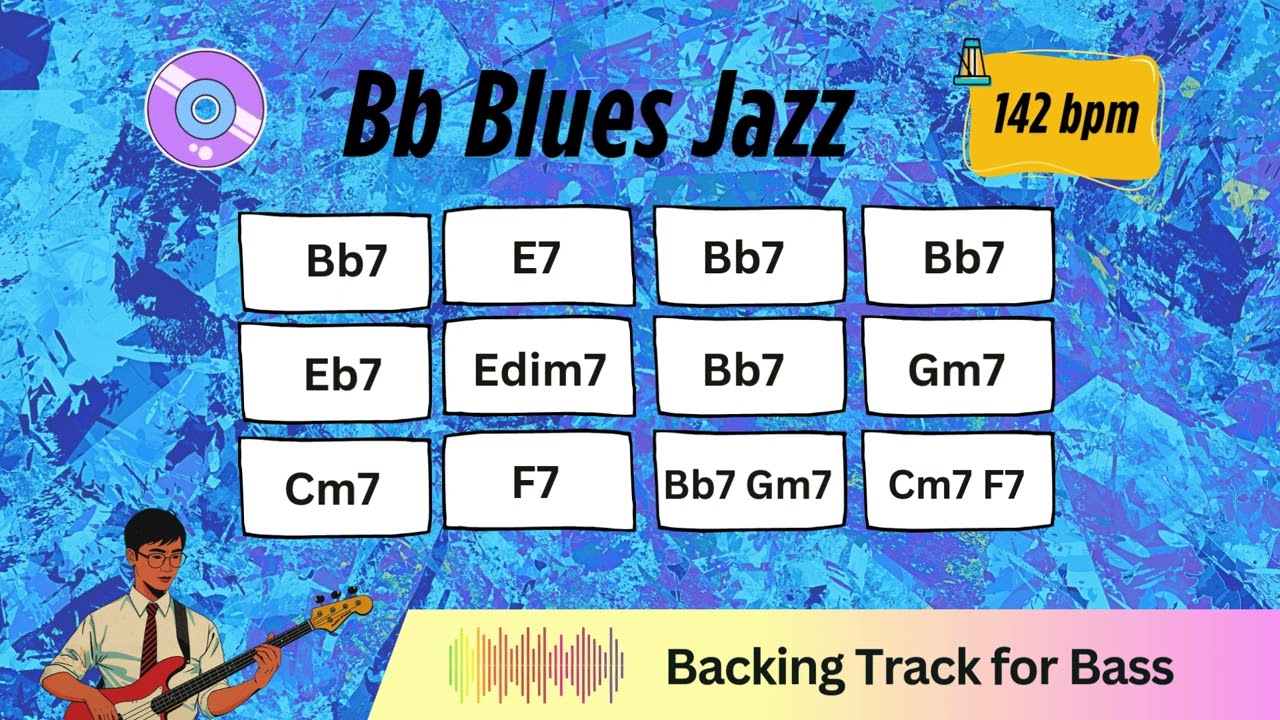 12 Bars Blues in Bb , Blues Jazz Style , Backing Track for Bass , 142 bpm , No bass backing track
