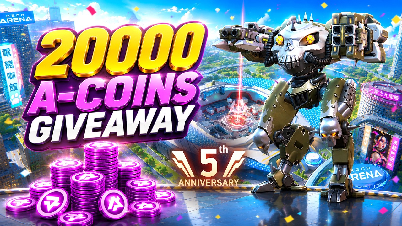 Mech Arena Anniversary 20000 A-Coins Giveaway - Shadow + Repeater 16, Ember Gun 16, Bouncecritter 8