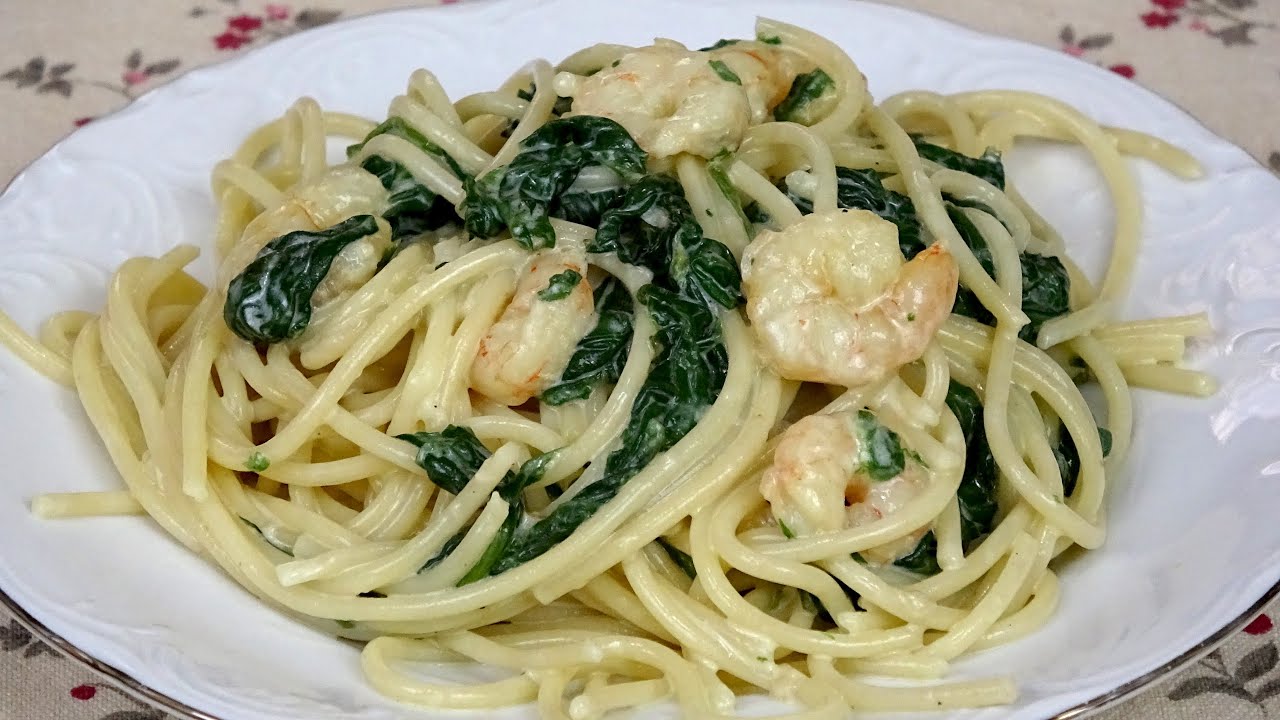 ESPAGUETIS CON ESPINACAS Y LANGOSTINOS, COCINA EN 30 MINUTOS!! Fácil y Rico🍝SPAGHETTI WITH SPINACH